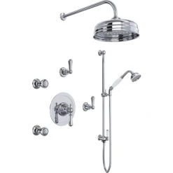 Perrin and Rowe Georgian Thermostatic Shower System with Shower Head, Hand Shower, Slide Bar, Bodysprays, Shower Arm, Hose, and Valve Trim